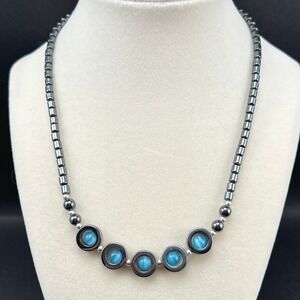 Hematite Beaded Necklace Grey Blue Cats Eye Geometric Modern 18"